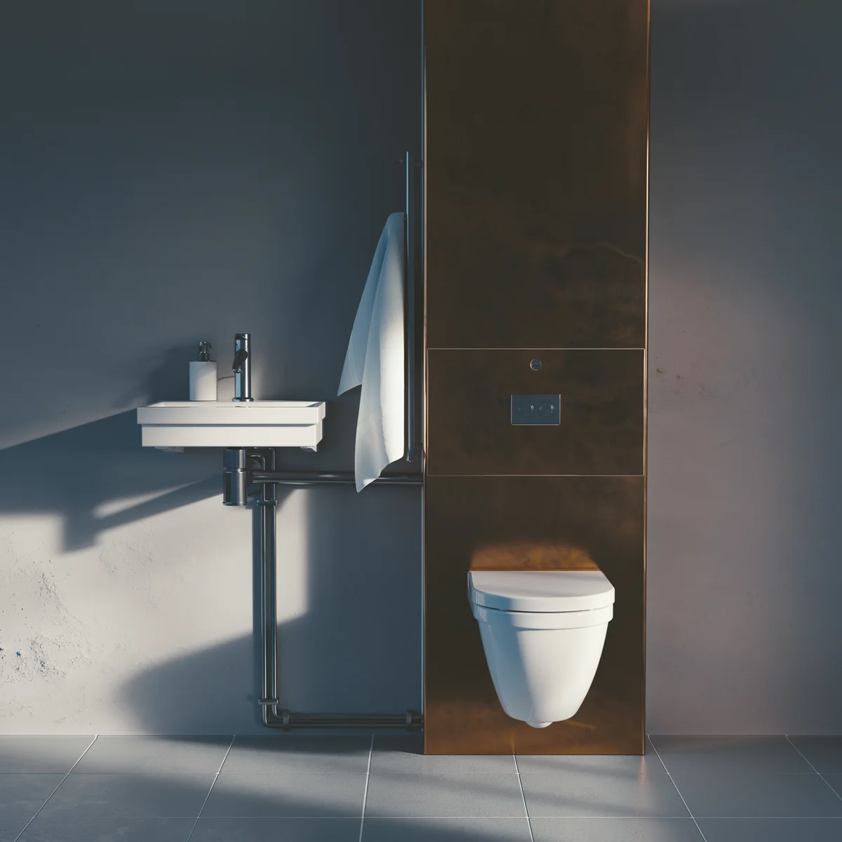 Copper, grey walls and white ceramics in a bathroom visualisation with soft side light.